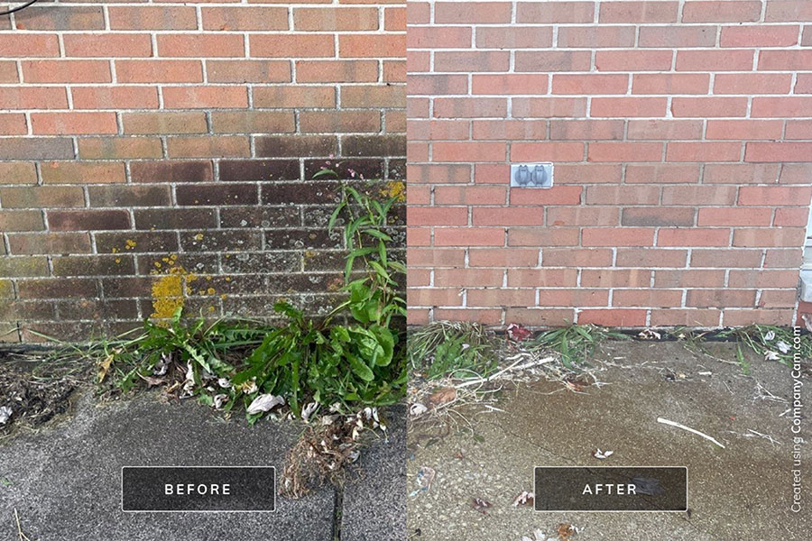 A before and after image of the exterior brick of a residential home in Kansas City, MO that has been power washed by Royal Blue.