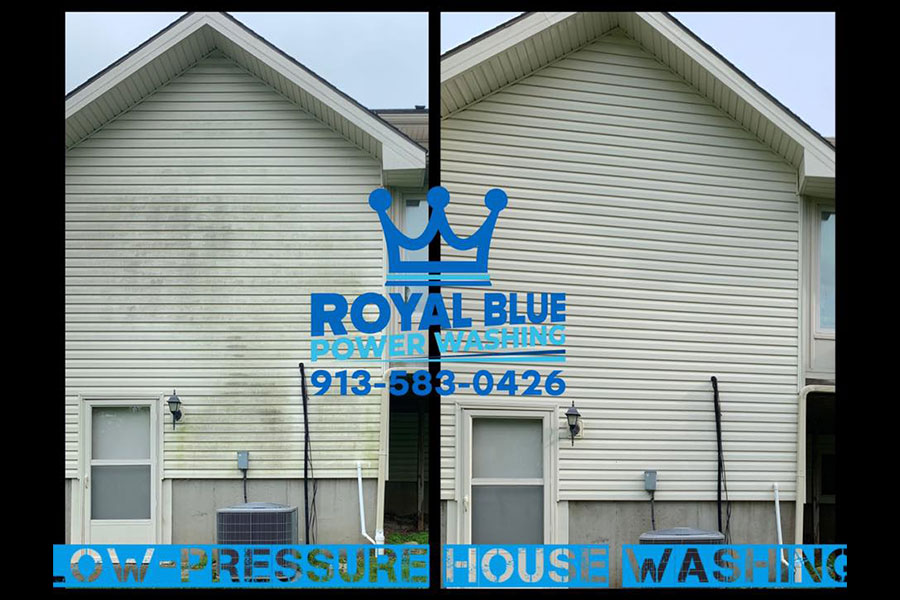 A before and after photo of siding cleaned on a residential home in Kansas City, MO by power washing experts at Royal Blue Power Washing.