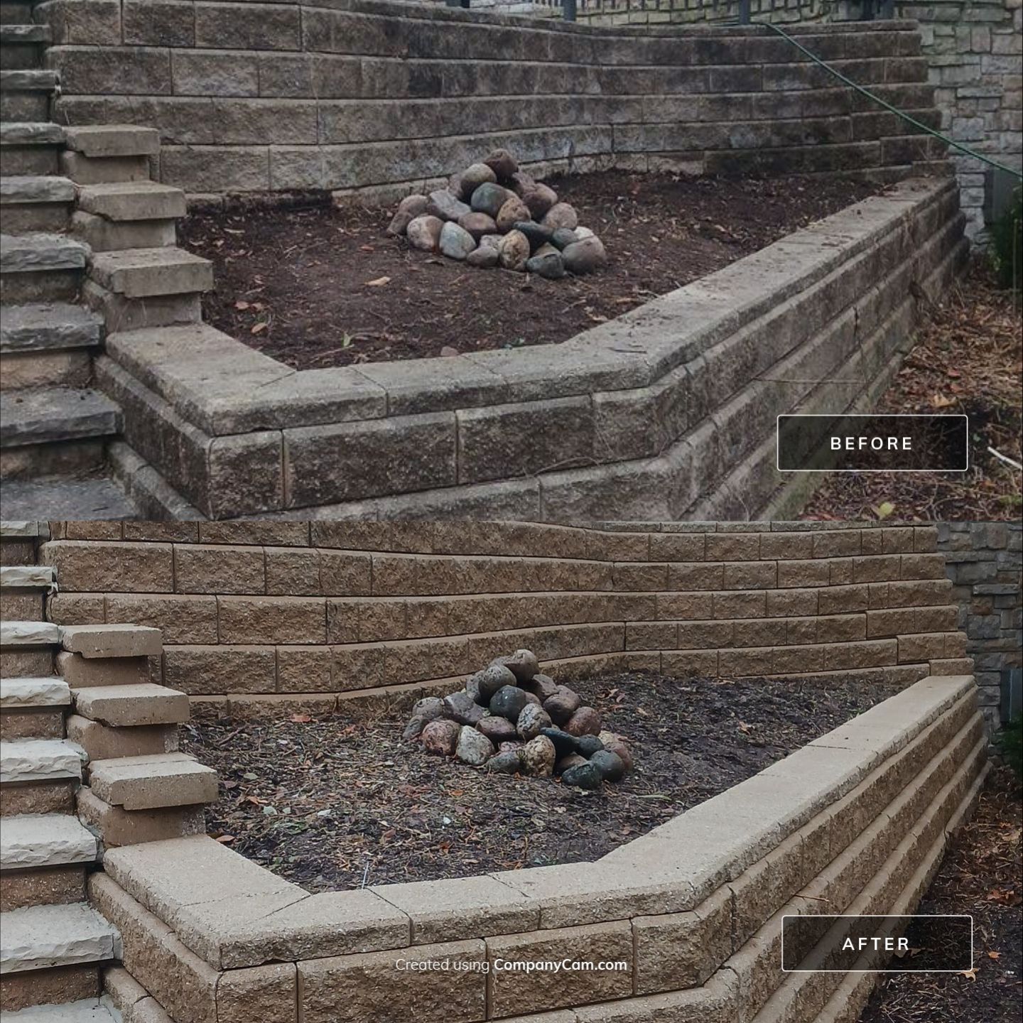 A before and after picture of a concrete landscape structure that has been power washed and sealed by a concrete cleaning company in Kansas City, MO.