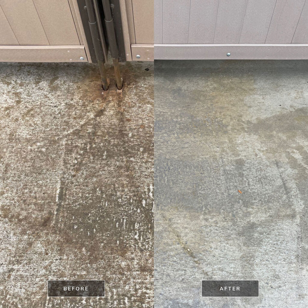 A before and after image of a power-washed and sealed concrete driveway surface at a residential home in Kansas City, MO.