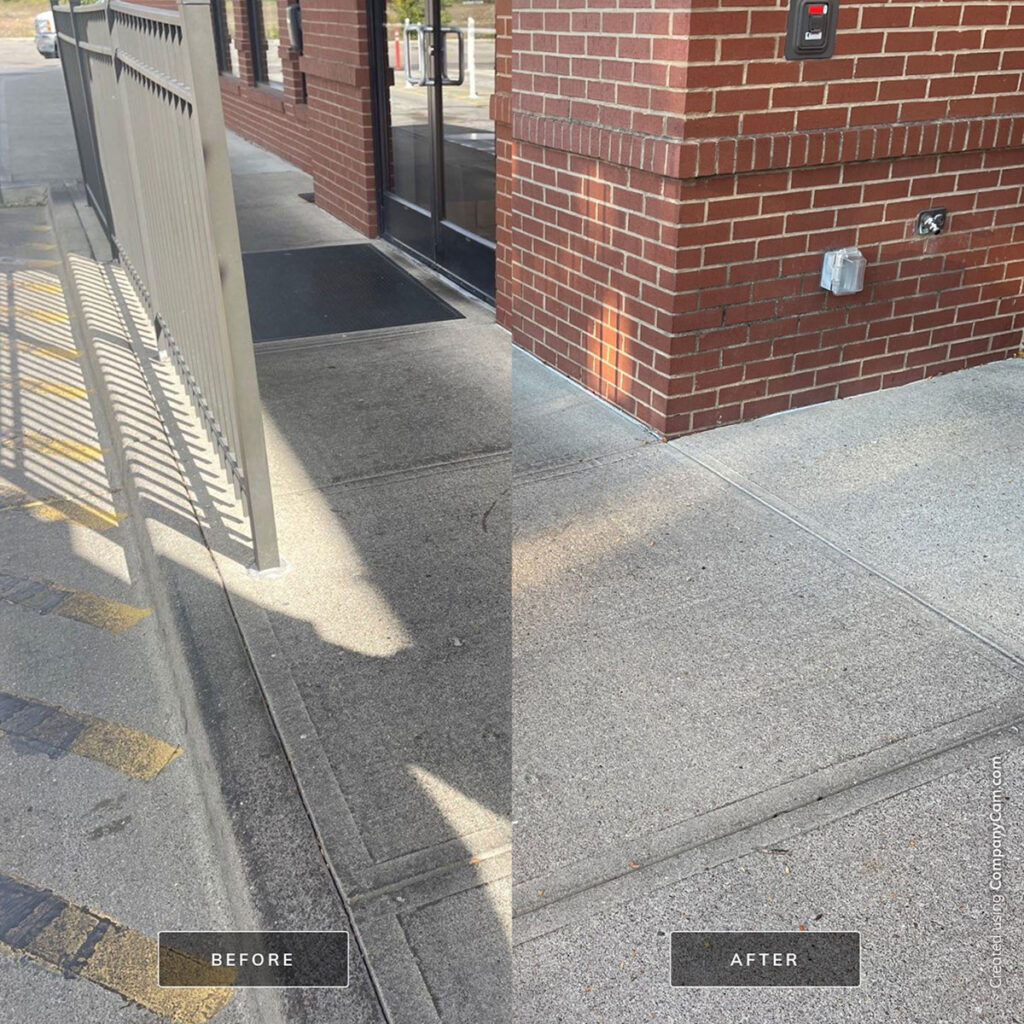 A before and after image of a commercial concrete walkway that has been sealed by a professional power washing company in Kansas City, MO.