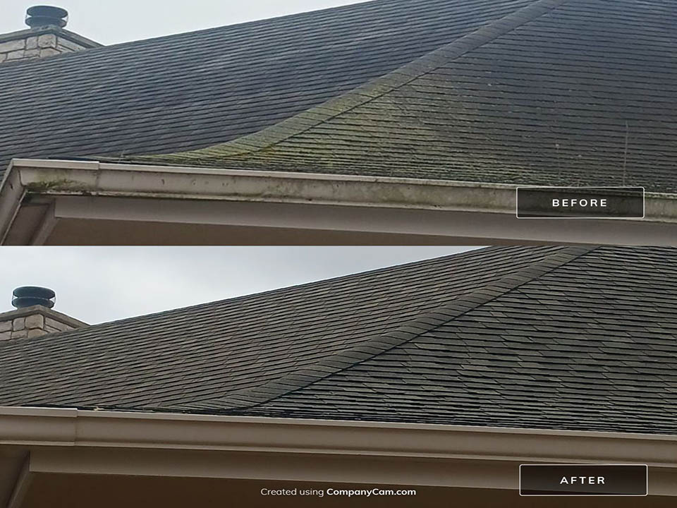 a roof before and after being power washed by royal blue power washing in kansas city mo.
