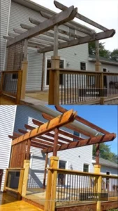 This is a before and after picture of a deck after being pressure washed.