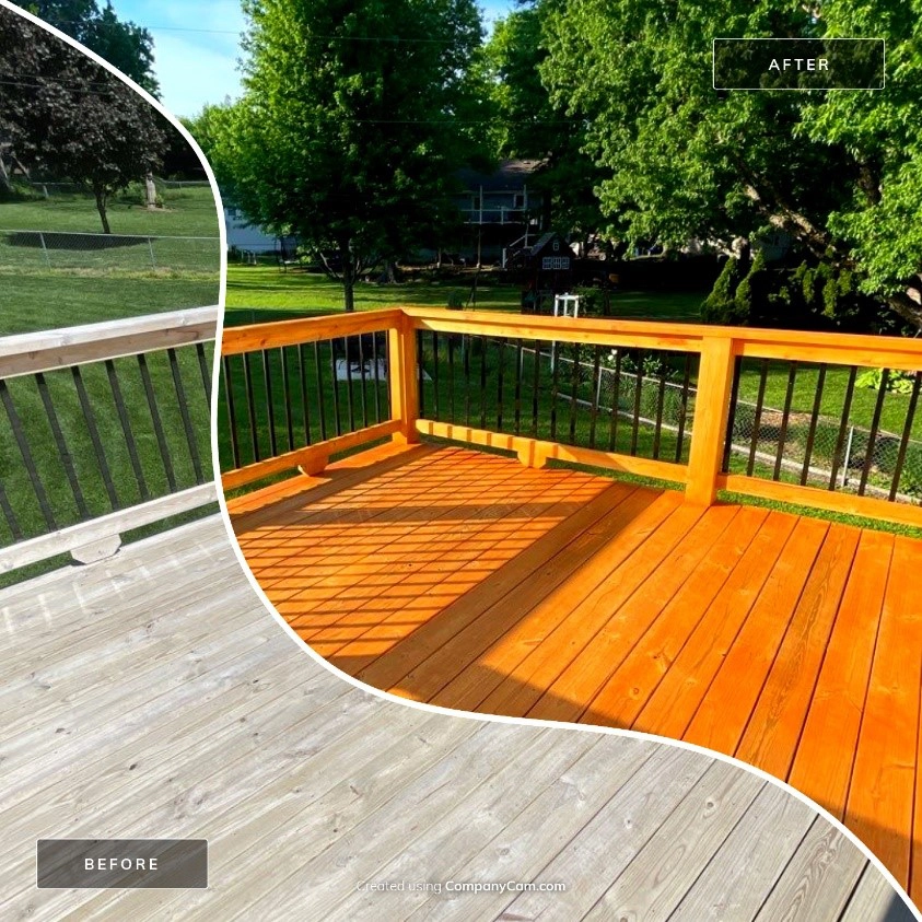 This is a before and after picture of a deck after being stained.
