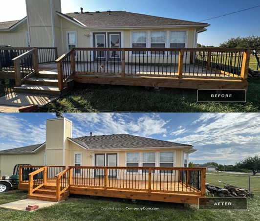 A before and after picture of a back deck after it has been cleaned, stained, and sealed by Royal Blue Power Washing in Smithville, MO.