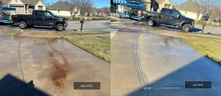 This is a before and after collage of a driveway in Kansas City, MO that was washed by Royal Blue Power Washing of Kansas City, MO.